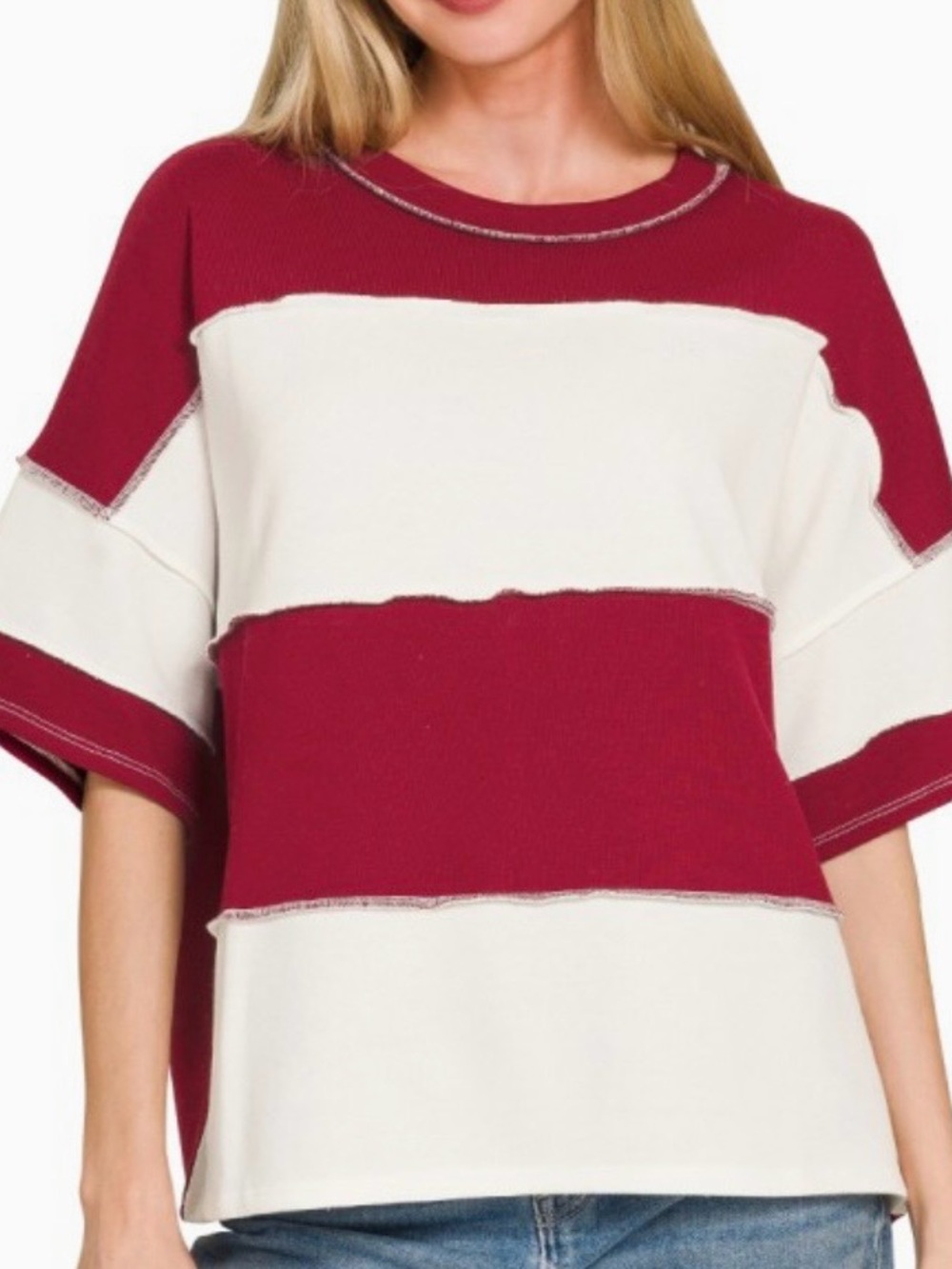 Zenana Large Striped Boxy in Burgundy and Cream. New